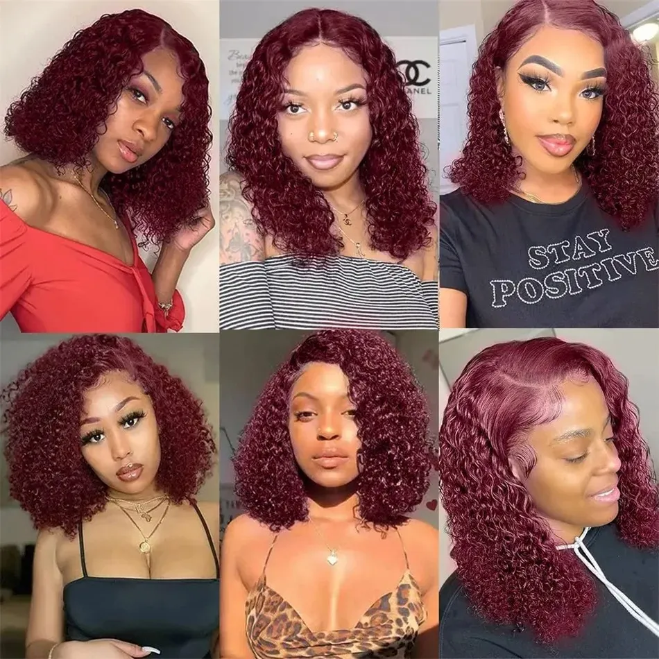 Burgundy 13x4 Kısa Kıvrımlı İnsan Saç Bob Wig 99J Derin Dalga Dantel Ön İnsan Saç Perukları Su Dalgası Peruk İnsan Saç giymeye Hazır