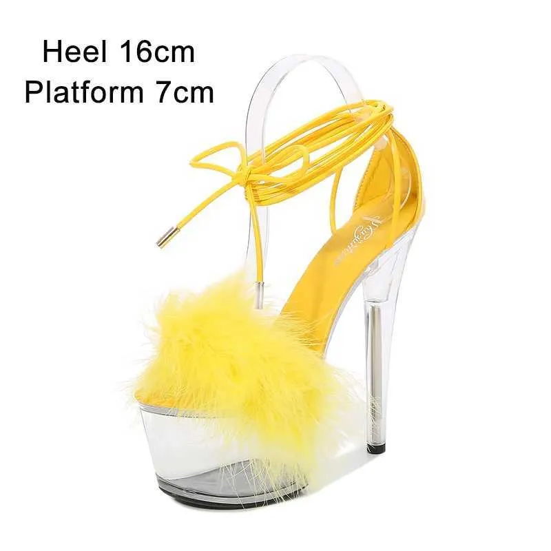 Sukienka Shuzumiao Sandały kobiet 2021 Moda Summer Modna kostka Pasek Futro High Heels przezroczystą wodoodporną platformę Kobiet Steel Tube taniec H240321SL2enMBQ