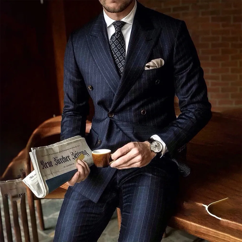 Stylish Navy Blue Striped Double Breasted Mens Suit - Slim