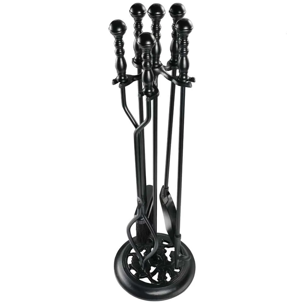 Atiyyo 5 Pieces Fireplace Tools Sets Wrought Iron Kit with Handle Durable Tool Set and Holder for Fire Pit Stand Indoor Tong Shovel Poker Brush Firewood