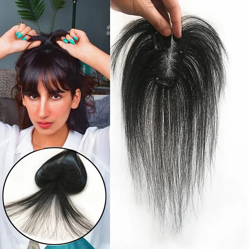 Toppers de cabelo humano 7x10cm, com clipes estrondo em renda suíça preta, top feminino para couro cabeludo natural para esconder cabelos brancos