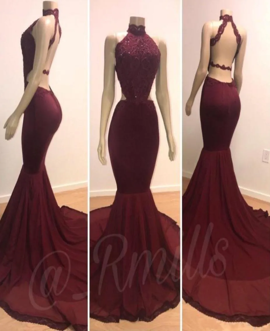 Nouvelles robes de soirée de bal bordeaux 2019 vrais mannequins licou cou dos ouvert sexy coupe côté appliques paillettes longue train soirée 2634179