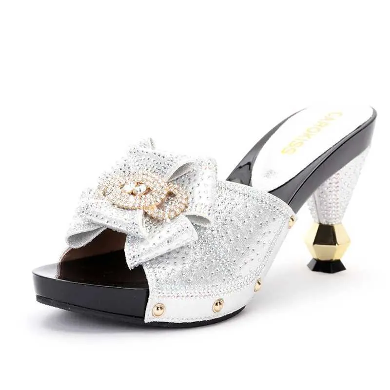 Dress Shoes Plus Size Woman Shiny Diamond High-heeled Slippers Bow Decoration Dinner Party Sandals Luxurious Summer Women PumpsB5C1 H240321