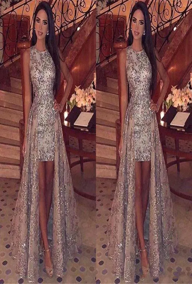 Sparkly Sequins Sheath Short Prom Dresses 2019 Jewel Neck Sleeveless Formal Party Evening Gowns With Detachable Overskirts5704487