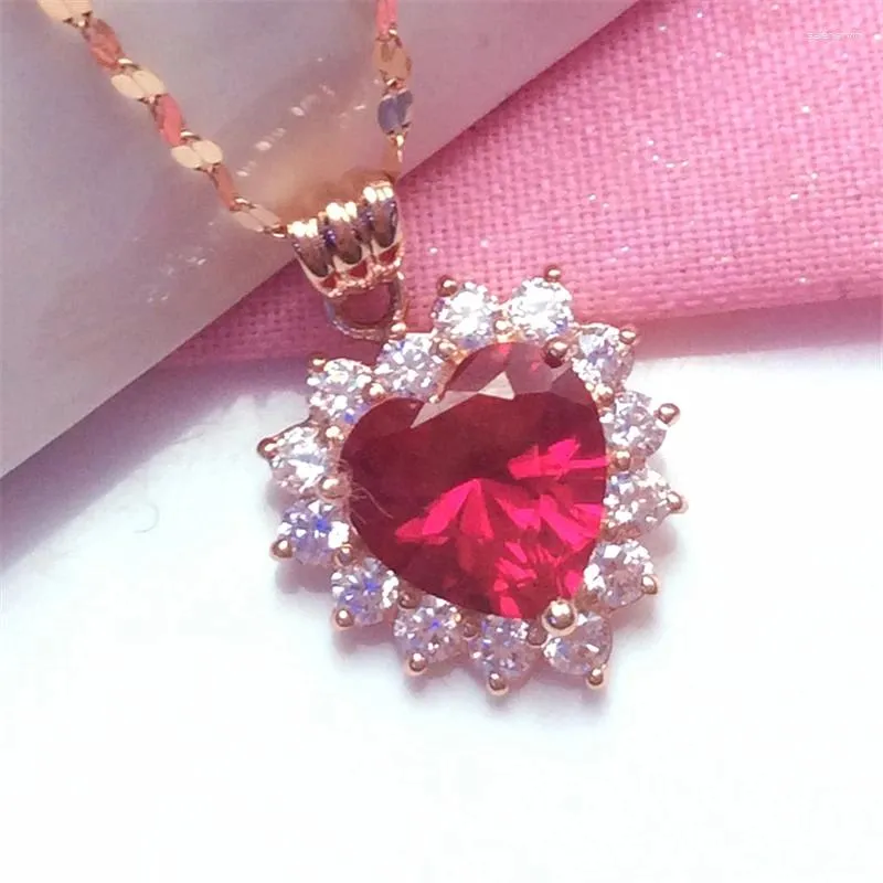 Chains In 585 Purple Gold Red Gem Pendant Plated 14K Rose Heart Shaped Necklaces Sweet Shiny Clavicle Chain Wedding Jewelry