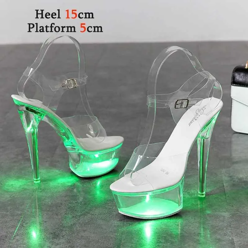 Sapatos de vestido acendem mulher brilhante luminosa sandálias claras mulheres plataforma led 13cm salto alto transparente stripper heelsaj9o h240321