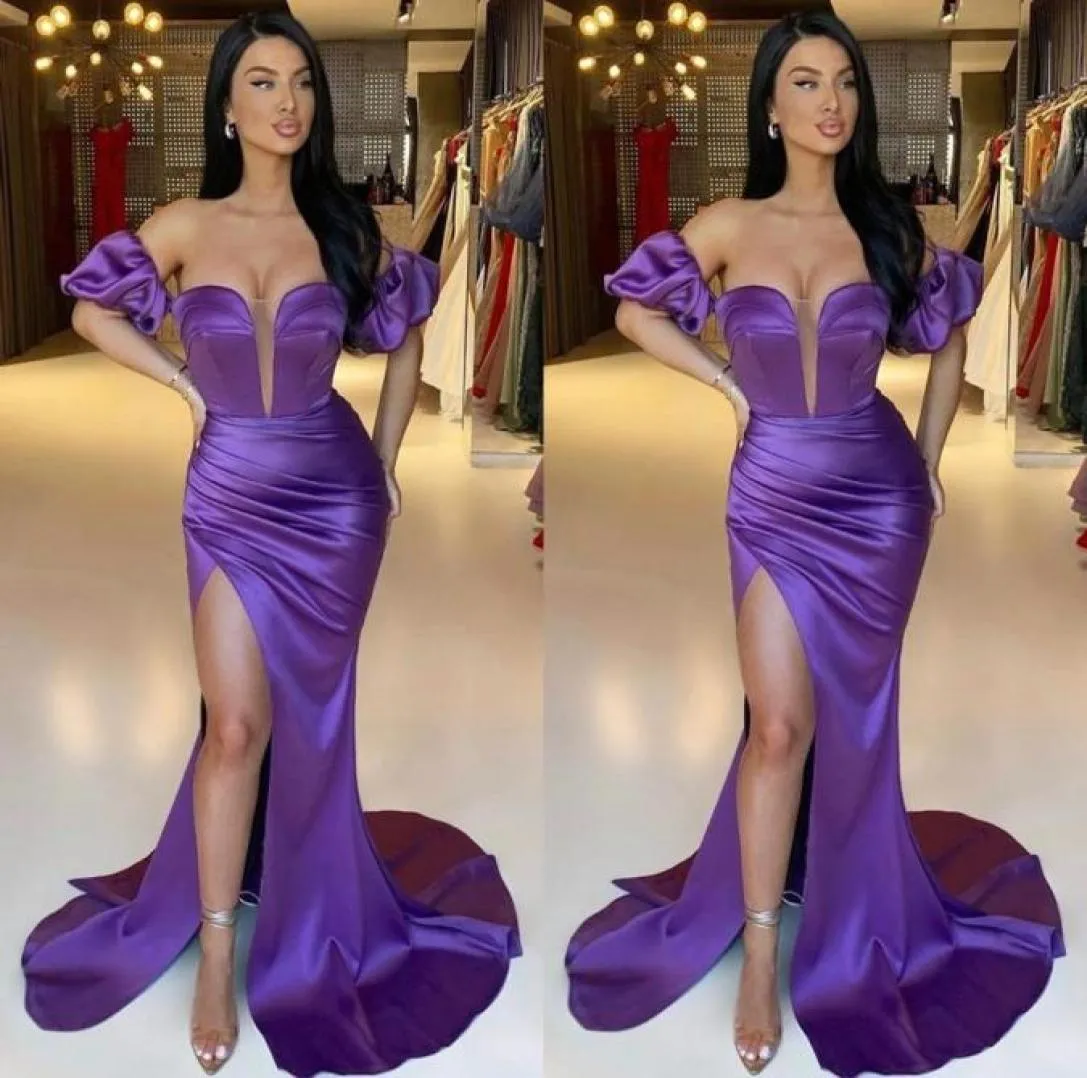 Arabe Duabi Sexy Violet Plus Taille Sirène Robes De Bal Longueur De Plancher Hors Épaule Plis Drapé Haut Côté Split Soirée Formelle Gow3357138