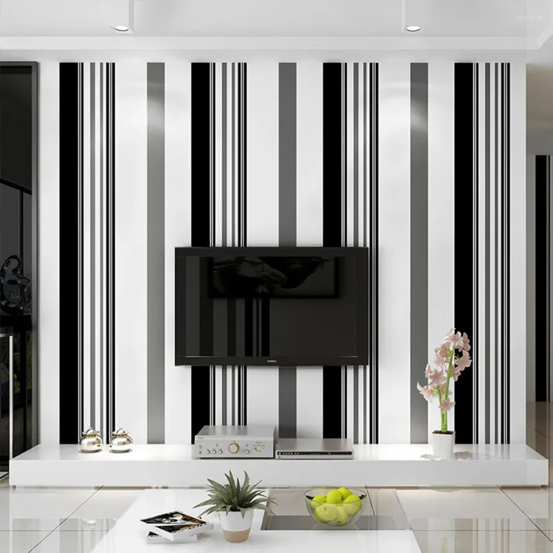 Wallpapers Modern Minimalist Non-Woven Vertical Stripes Wallpaper Roll Black Gray White 3D Stripe Wall Paper Wallcovering