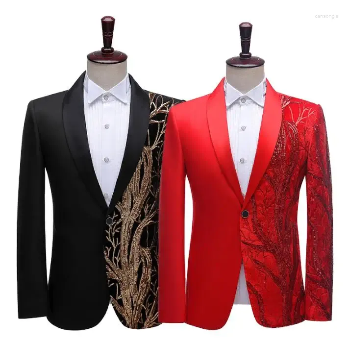 Мужские костюмы Черный пиджак с блестками Мужской дизайн Красный пиджак Мужские сценические костюмы для певцов Одежда Танцевальный звездный стиль Платье Masculino Homme