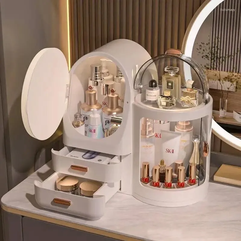 Boîtes de rangement Simple lumière LED intelligente grande capacité salle de bain maquillage organisateur coiffeuse boîte de bureau avec miroir cosmétique