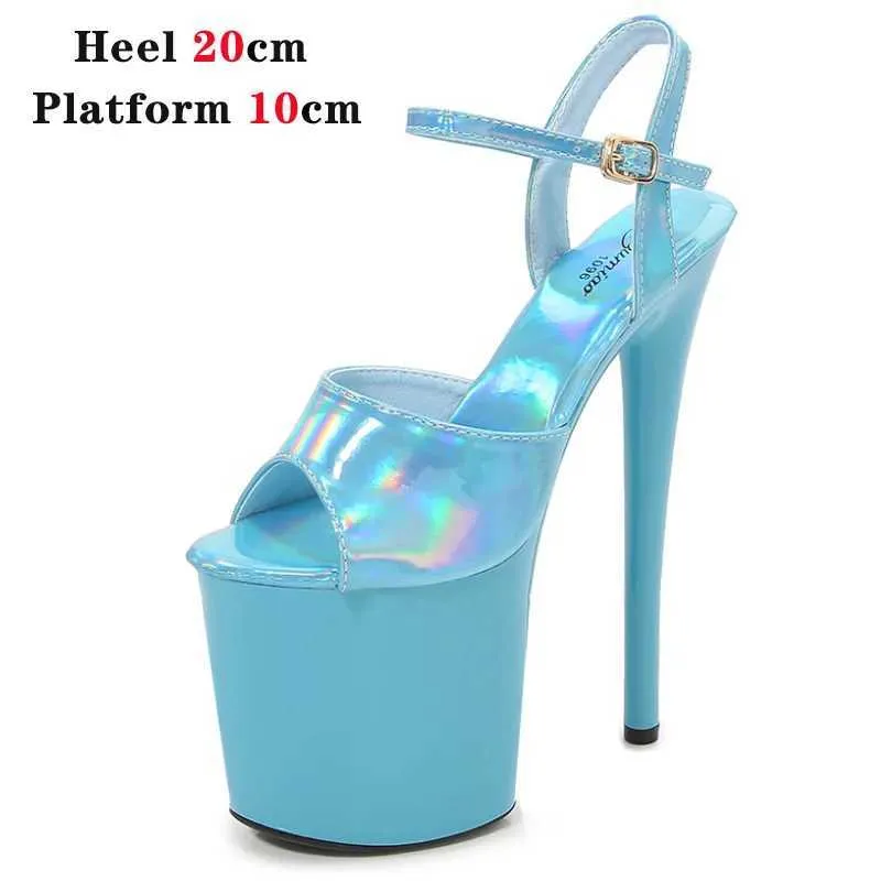 Sapatos de vestido 2023 novo laser brilhante sandálias de couro de patente para mulheres plataforma salto alto palco mostrar 15 17 20cm dedo do pé aberto stripper h240321jp6a