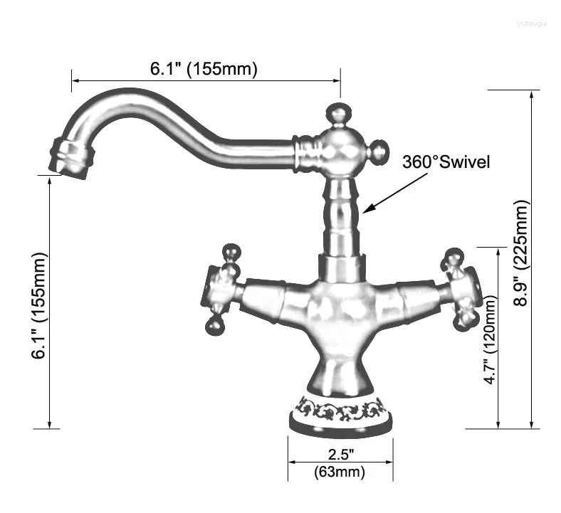 Mutfak muslukları antika pirinç çift çapraz kollar seramik taban banyo havzası lavabo musluk karıştırıcı musluk döner spout güverte monte mnf601