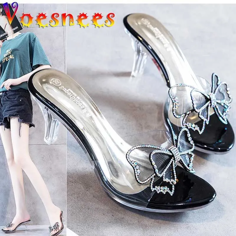 Robe chaussures nouveau style coréen pantoufles doux papillon-noeud sandales cristal transparent mince talons hauts tempérament de mariage femmes h240325