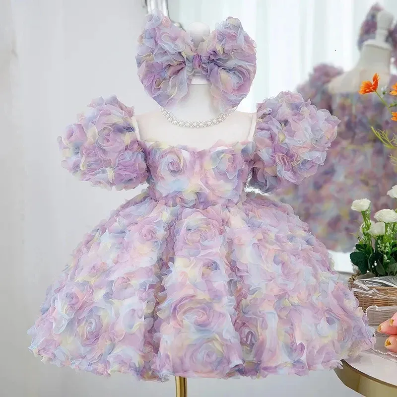 Filles année princesse pétale violet enfants perle noeud noeud tutu robe de mariée enfants robes bébé infantile robe de fête d'anniversaire 240313