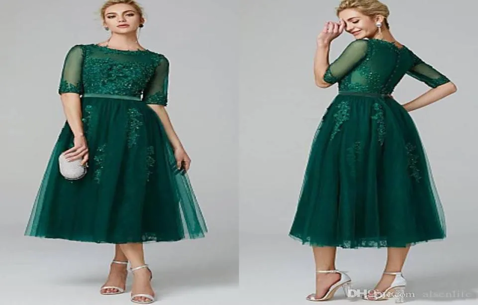 Elegant Cocktail Party Dresses ALine Illusion Neck Tea Length Prom Dress with Beading Appliques Half Sleeve Dark Green Special Ev5388581