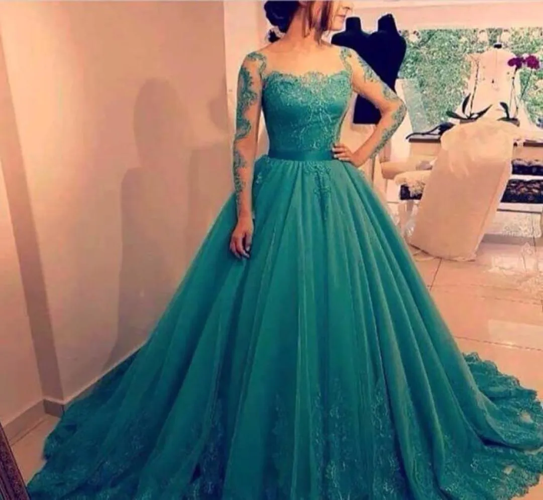 Dostosowana koronkowa suknia turkusowa niebieska sukienka balowa długie rękawy koronkowe aplikacje Elegancka Arabia Saudyjska formalna suknia wieczorowa suknie imprezowe 3203946