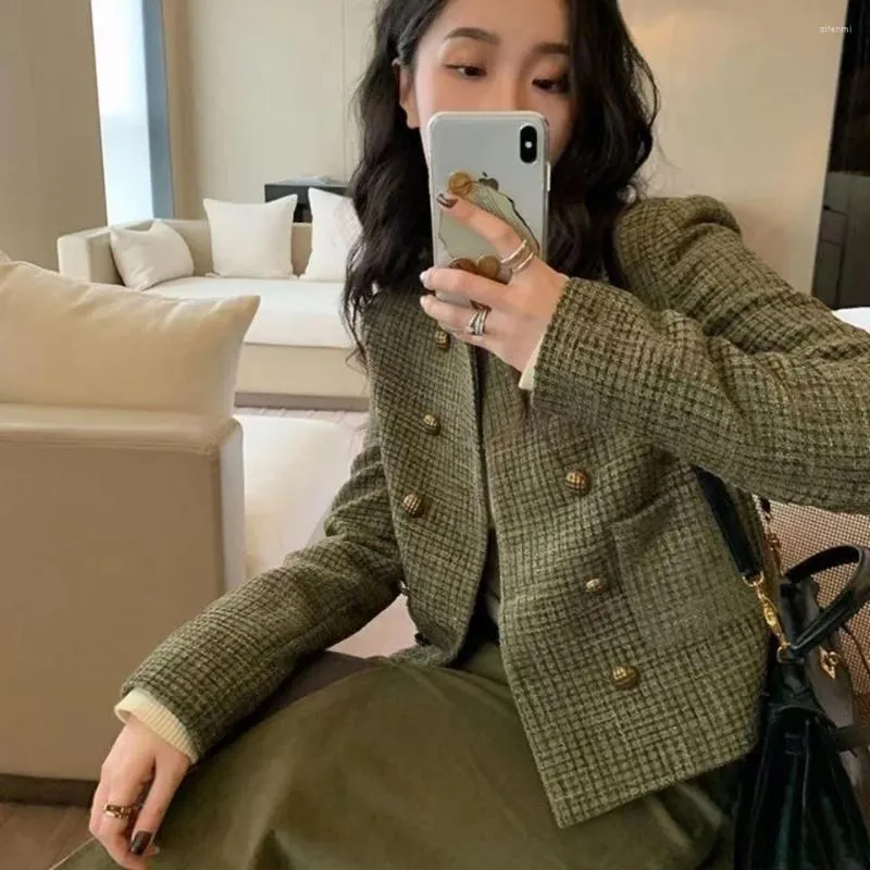 Damenjacken 2024 Herbst Koreanische Ausgabe Grün Duftender Mantel Mode Hohe Qualität Tasche Temperament Pendeln Vielseitig Kurz
