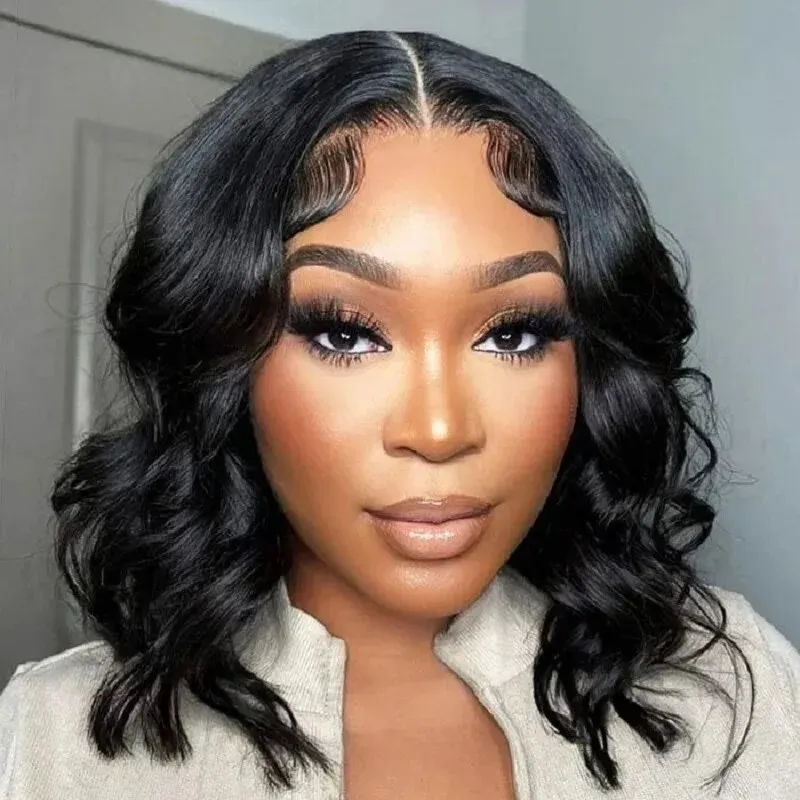 Spetsfront peruker Glueless Human Hair Bob Wig Brazilian Body Ocean Wave Short Bob 4x4 Spets Front Pre Plucked Human Wigs Baby Hair