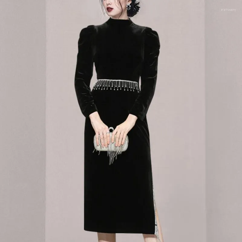 Casual Dresses Autumn Winter Temperament Exquisite Velvet Chain Decoration midja Split fransad klänning Kvinnor S1916