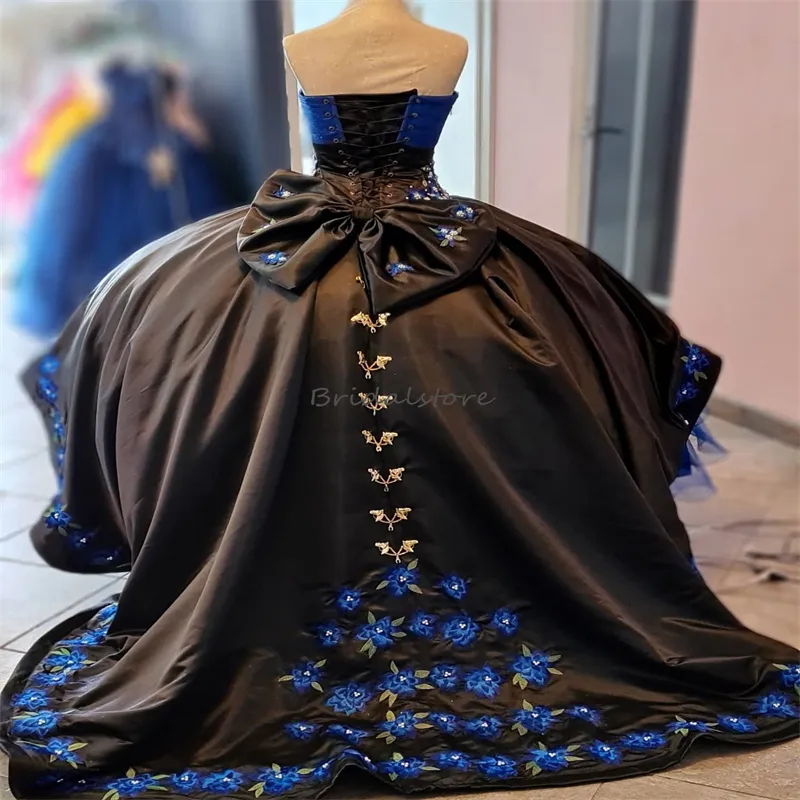 Luxury Blue and Black Quinceanera masquerade dress with Mexican Charro Embroidery - Vestidos de 15 Xv Anos Sweetheart Debutante 15 - Perfect for