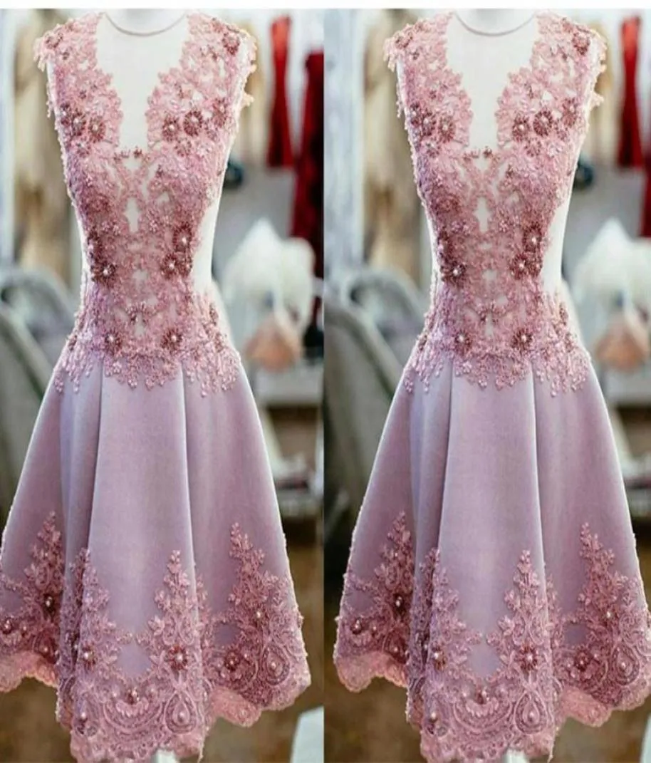 Romantic Blush Pink Sheer Neck Homecoming Prom Dress Short Cap Short sleeve Beaded Lace Applique Cheap Party Graduation Cocktail D5207823