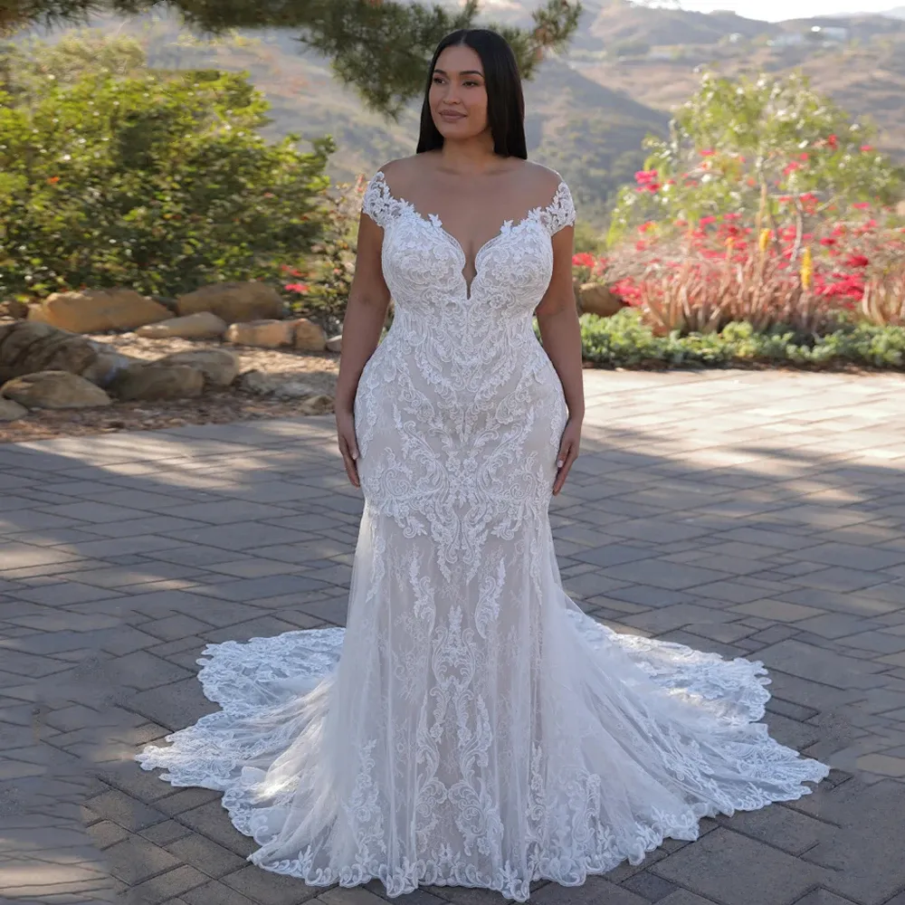 chinese dress ladies Trendy Plus Size V-neck Mermaid Wedding Gown TWA261