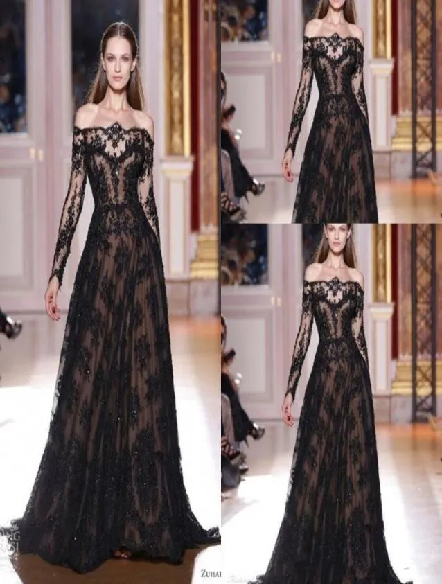 2020 NOWOŚĆ OFF SUNKER SUNTS ALINE Sheer Black Lace Applique Long Rleeves Evening Dress Vestido de Festa WLF57887943