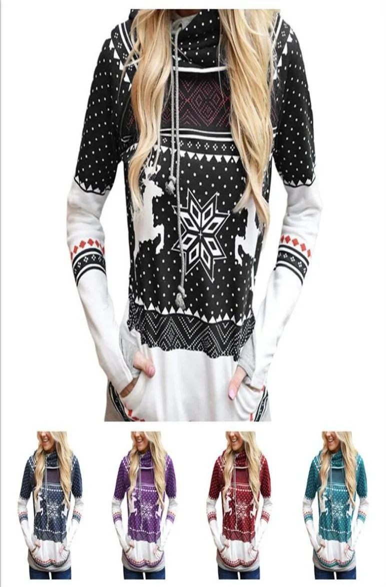 크리스마스 엘크 눈송이 인쇄 여성 후드 후드 디자이너 스웨터 풀오버 티셔츠 포켓 스포츠 가을 스웨트 셔츠 Clot5167700