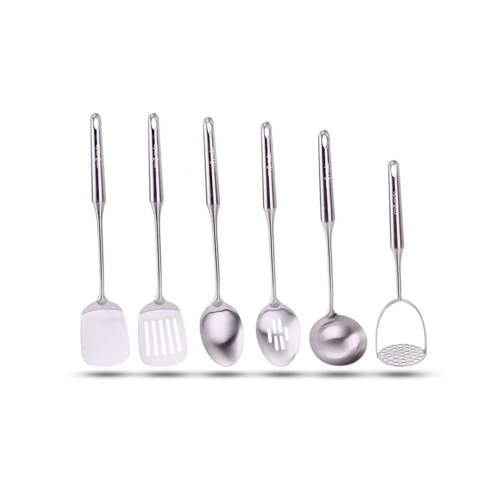 Milado Stainless Steel Utensil Set: Set of 6 Cooking and Serving Kitchen Tools Spoon, Solid Slotted Turner, Soup Ladle, Potato Masher - Ergonomic Handles