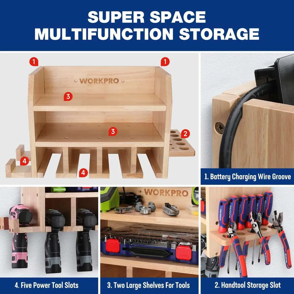 DHgate WORKPRO Power Organizer Cordless Holder Wall Mount with 5 Drill Hanging Slots Screwdriver Rack Solid Wooden Tool Storage for Garage Workshop Warehouse Home Garden