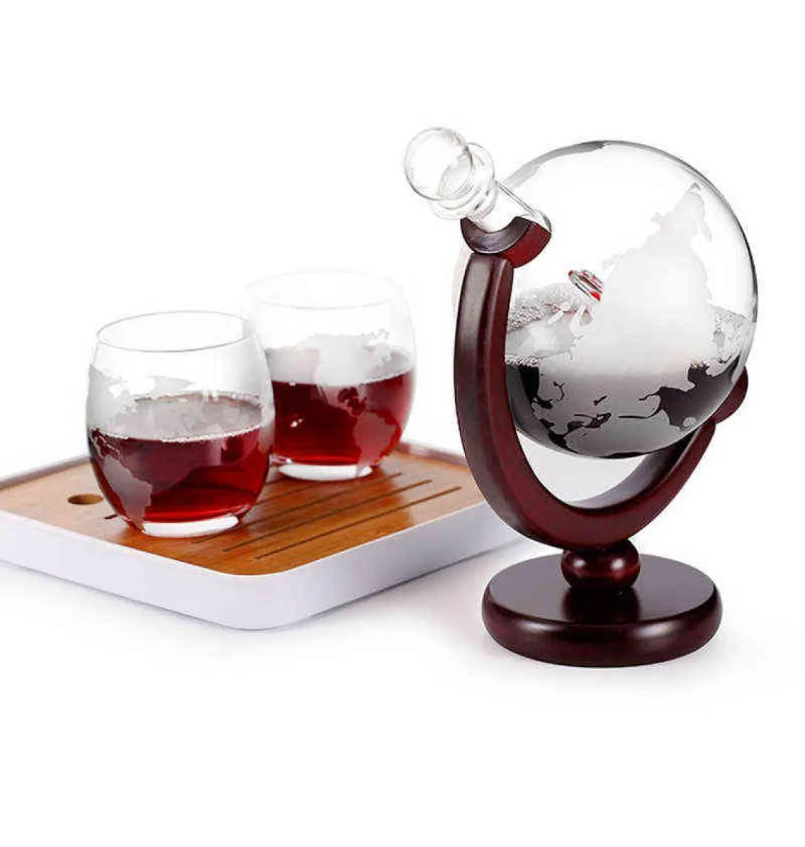 Whiskey Decanter Globe Wine Glass Set Sailboat Skull Inside Crystal Whisky Carafe with Fine Wood Stand Liquor Decanter for Vodka Y7012209