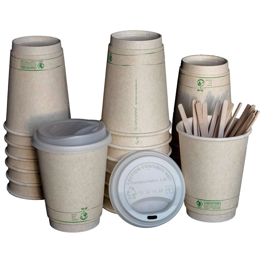 Certified Coffee Cups by Living Balance | 12oz - 100 Cups with Compostable Lids, Stirrers, and Integrated Sleeves