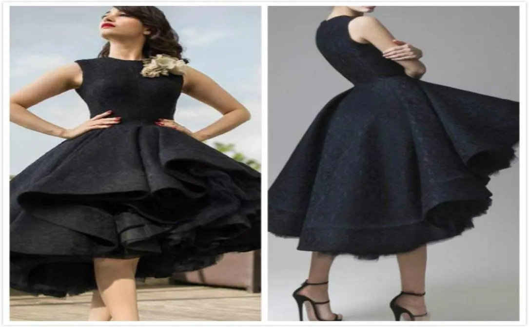 2019 Designer Dress Short Front Long Back Party Prom Dresses Elegant Black Lace Dubai Arabic Evening Gowns Tea Length High Low Cel8691688