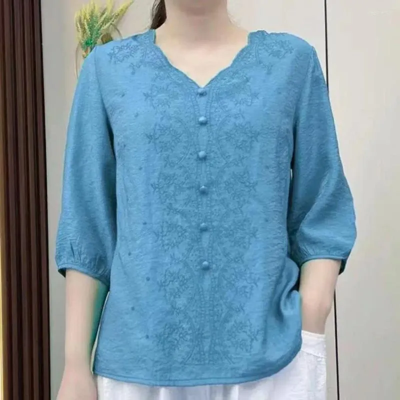 女性用ブラウスVネックTシャツビンテージシャツ刺繍花パターン /4つのスリーブプルオーバートップストリートウェアスタイル