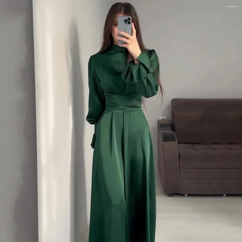 Roupas étnicas Manga Longa Cinto Puff Dress para Mulheres O-pescoço Muçulmano Abayas Elegância Maxi Robe Turquia Kaftan Caftan