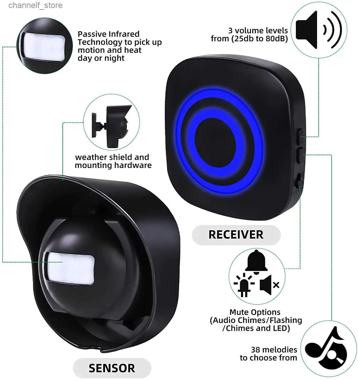 Campainhas 328 pés de longa distância sem fio alarme de entrada à prova d'água sensor de movimento e detector de alarme de segurança 38 sinos campainhaY240320