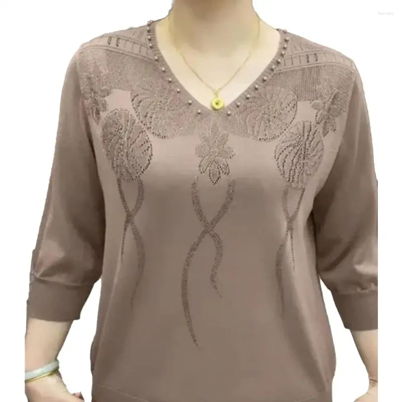 Womens Blouses V Neck Sweater Elegant Mid Aged Floral Knit Pullover With V Neck Elastic Cuffs Soft Casual Blouse For Mothers Three From 13 43 DHgate