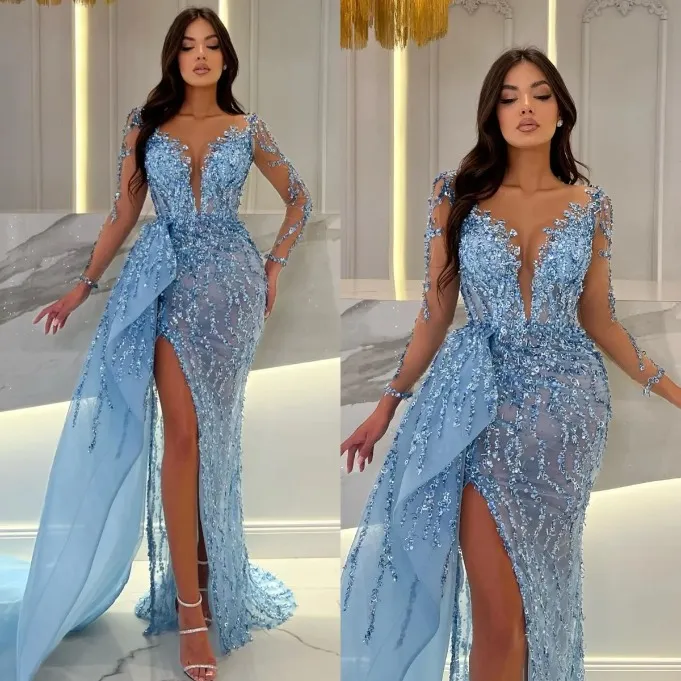 Sky Blue Mermaid Evening Dress with Illusion V Neck, 3/4 Sleeves, Sequins, Sweep Train, Organza Fabric from Dhgate Evening Dresses - price 459.56 Sky Blue Mermaid Evening Dress with Illusion V Neck, 3/4 Sleeves, Sequins, Sweep Train, Organza Fabric from Dhgate Evening Dresses - price 459.56