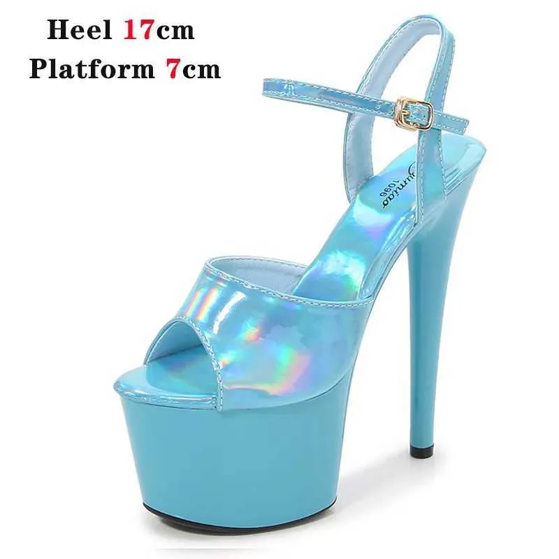 Scarpe eleganti 2023 Nuovi sandali in pelle verniciata brillante al laser per le donne Piattaforma Tacchi alti Spettacolo teatrale 15 17 20CM Spogliarellista open toe H240321Y3NF