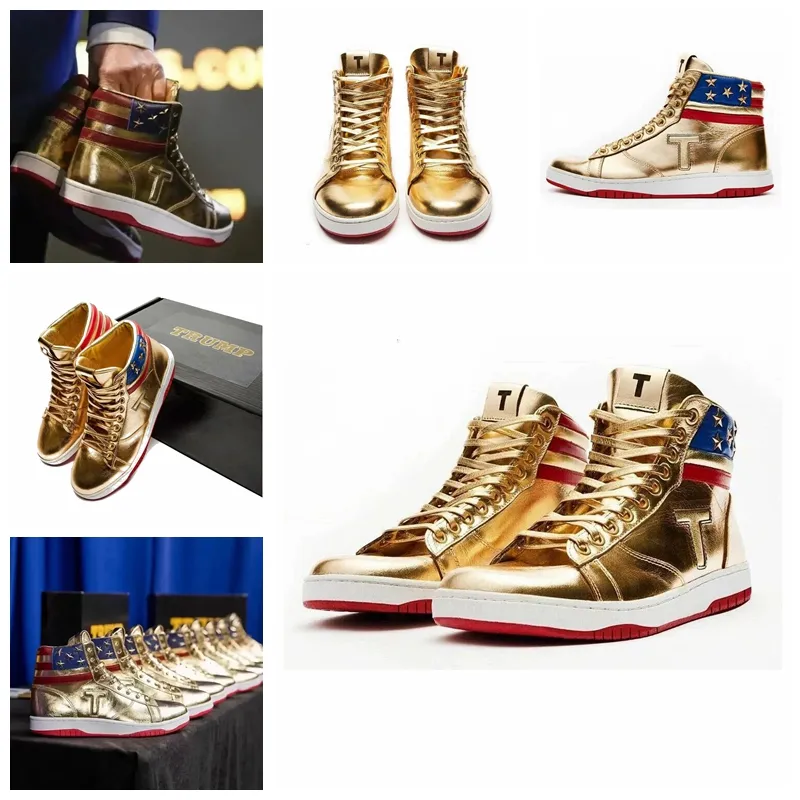 T Trumps High Quality Basketball Shoes Womens Mens Gold Custom Never Surrender National Leaders Golden Upper Rubber Casual Designers Fashion Sneakers Trainers