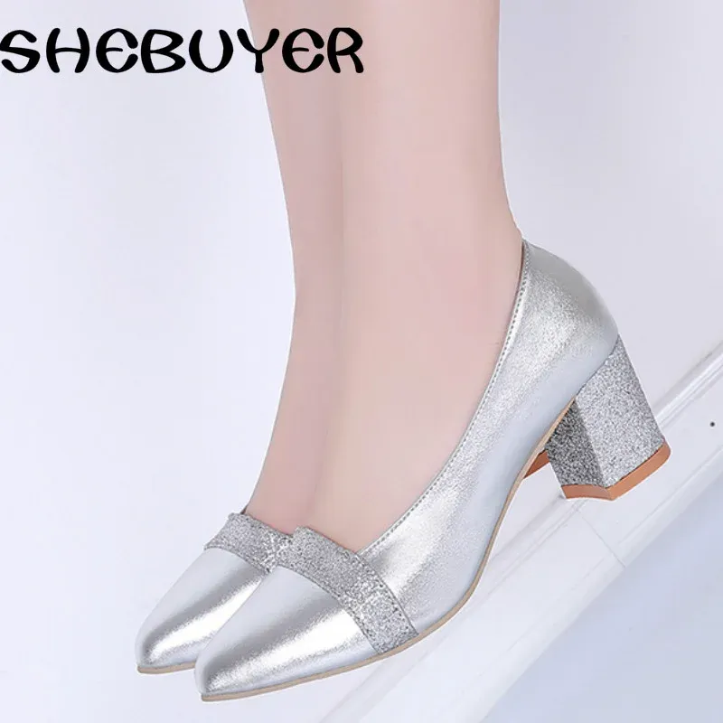 Boots Spring Summer Sexy Fashion Women Med Heels Shoes Woman Slip on Pointed Toe Pumps Shoes Ladies Gold Sier Bling Shoes Size 3541