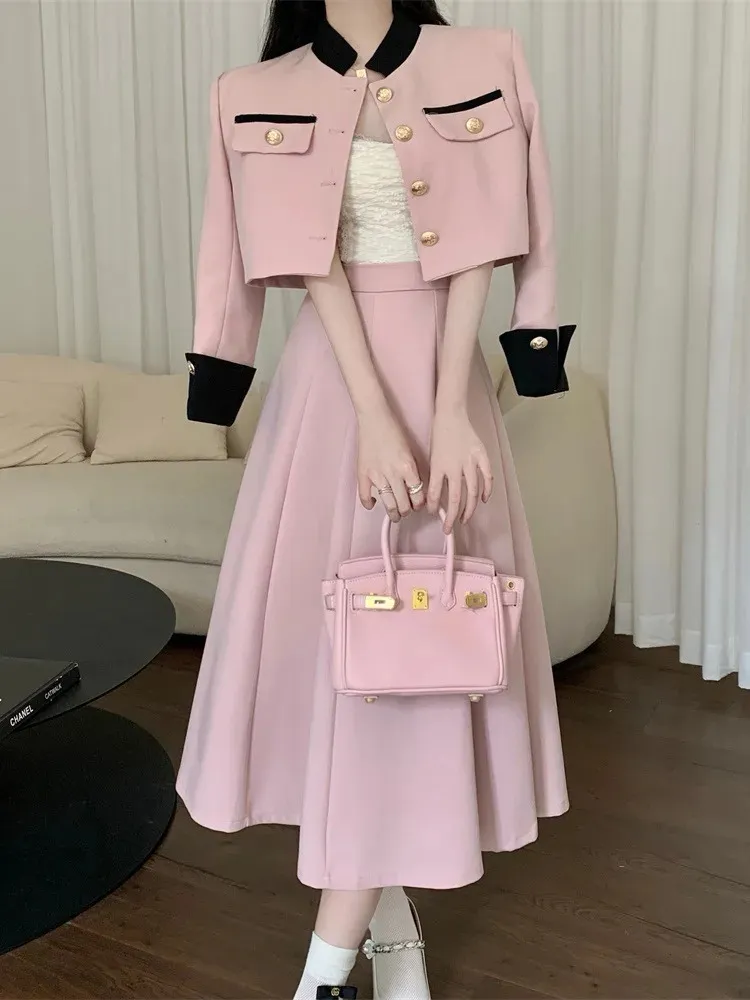 Женский комплект из двух предметов с небольшим ароматом высокого качества, короткая куртка, пальто, длинная юбка, корейский элегантный модный комплект из 2 предметов 240305