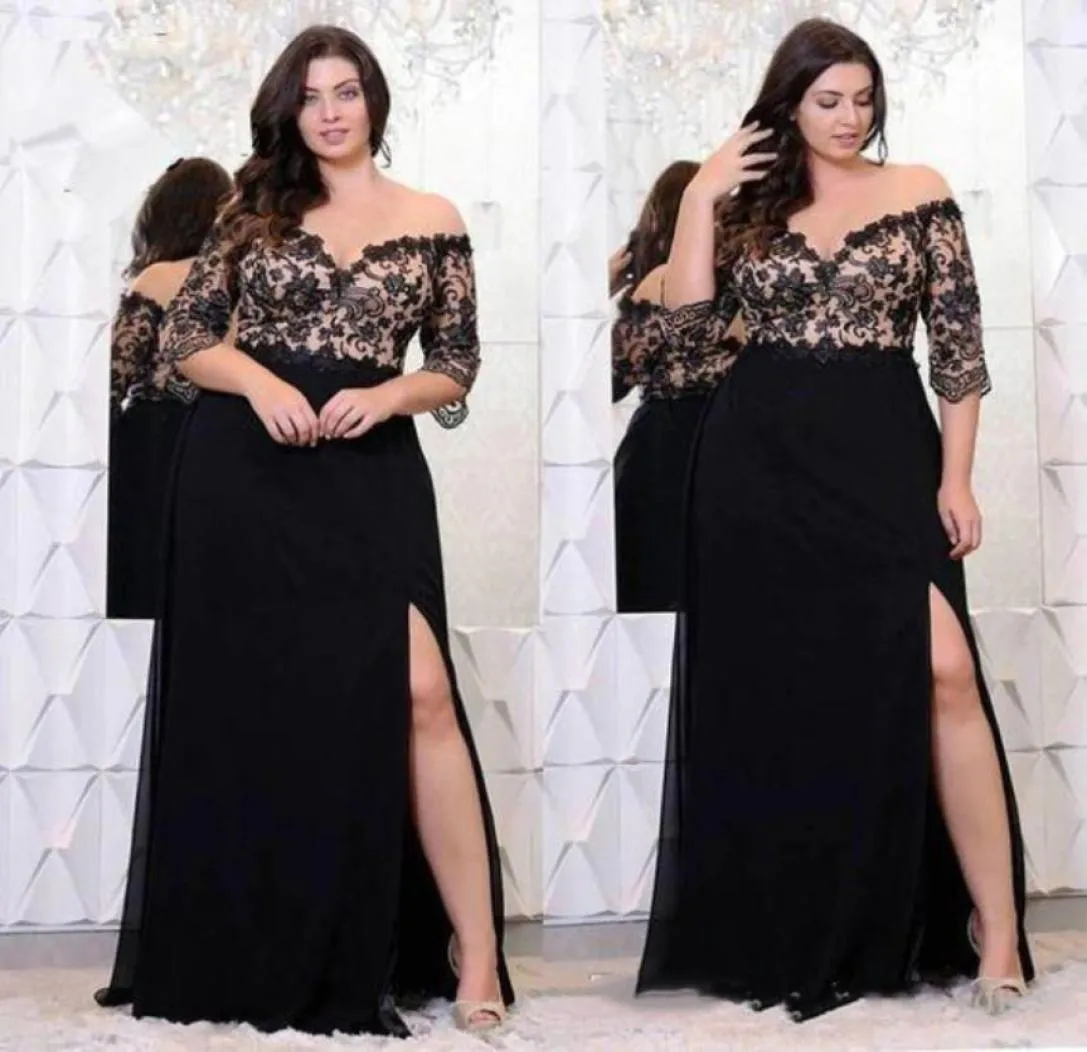 Sexy preto fora do ombro vestidos de baile comprimento total alta fenda renda formal vestidos de noite feitos sob encomenda plus size feminino dress9089536