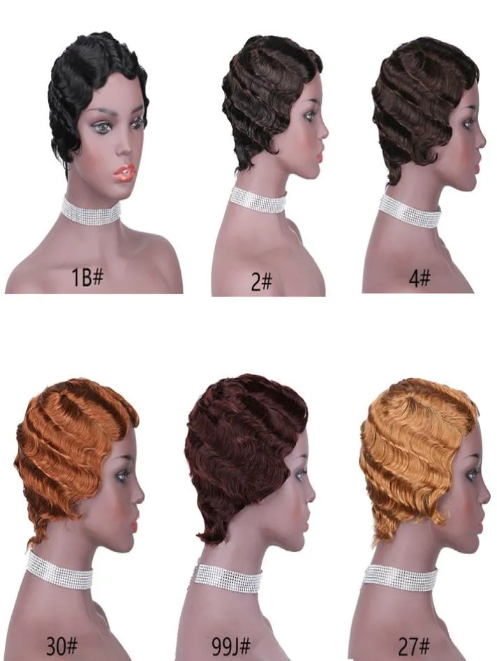 Pixie Cut Ocean Wave Short Bob Wig Natural Finger Wave Peruvian Human Hair Wigs For Black Women Machine Made Glueless Wig Burgundy5438201