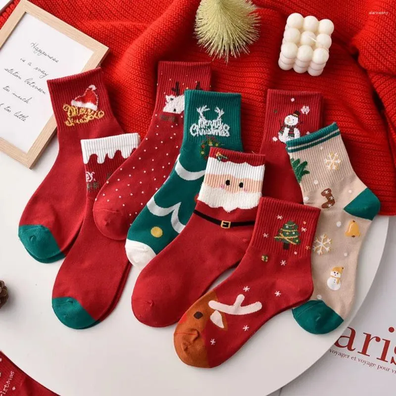 Women Socks 5 Par/Lot Santa Claus Christmas Cartoon Snowman Gifts Winter Elk Cotton Mid-tube