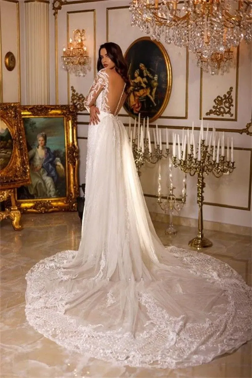 Gorgeous lace Mermaid Wedding Dresses With Detachable Skirt Sexy Sheer backless With Buttons Apploques Beads Sweetheart Bridal Gowns Dubai Arabic BC15467