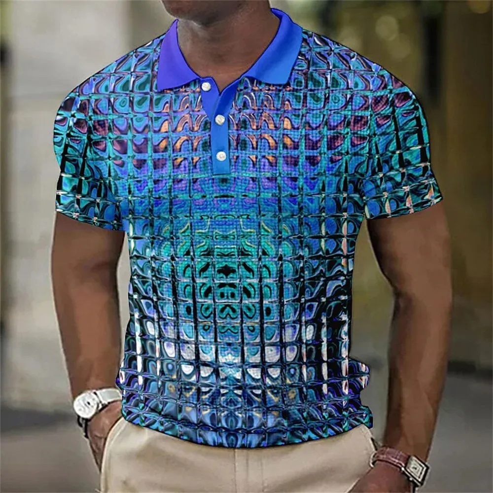 Polo koszule męskie moda symulacja 3D metalowa kratona drukowana odzież Męskie ubranie Sumne swobodne designerskie topy uliczne TE 240318