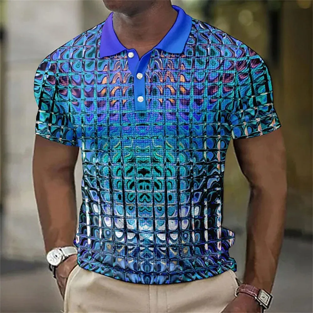 Polos Hommes Mode 3D Simulation Métal Plaid Imprimé Vêtements Pour Hommes Été Casual Manches Courtes Street Designer Tops Te 240318