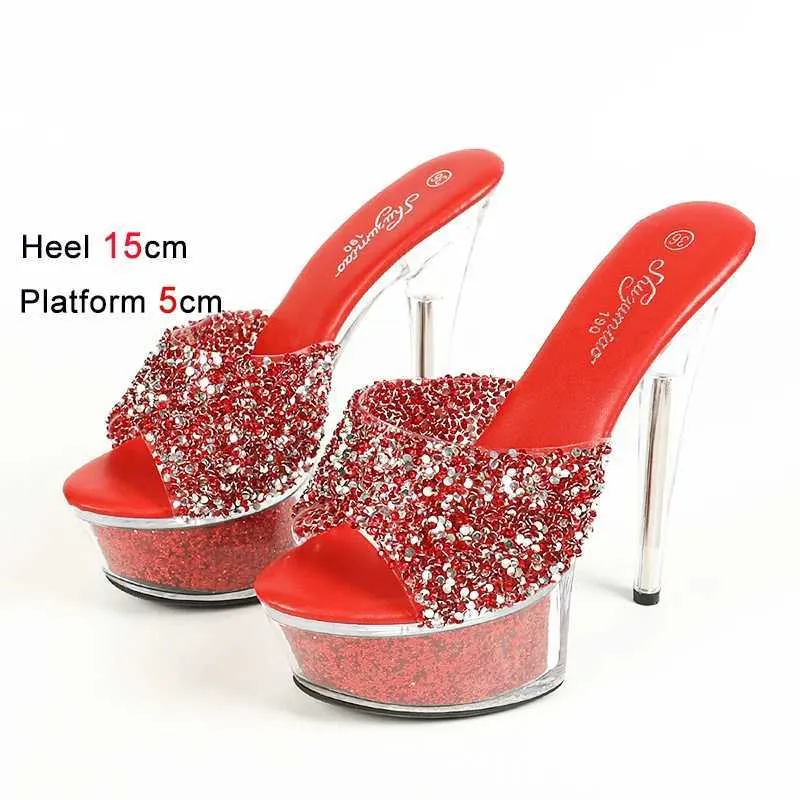 Dress Shoes Summer Women 6Inch Transparent Crystal Slides Nightclub Platform High Heels Fashion Sequined Sandals 15cm Heel Slippers H240321