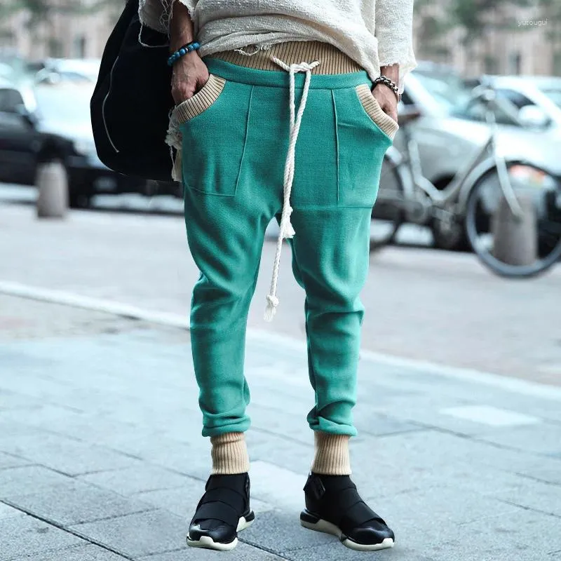 Мужские брюки, уличная одежда, спортивные штаны, трикотажные контрастные цветные лоскутные вязаные брюки, мужские весенние винтажные облегающие вязаные брюки